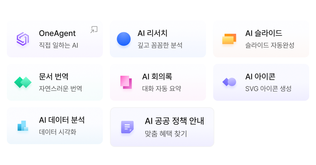 GenA 홈의 에이전트 카드 목록 — 리서치·슬라이드·번역·회의록·아이콘·데이터 분석