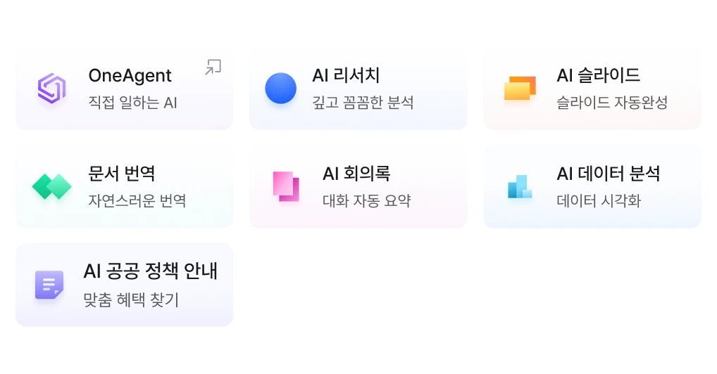 GenA 홈의 에이전트 카드 목록 — 리서치·슬라이드·번역·회의록·아이콘·데이터 분석