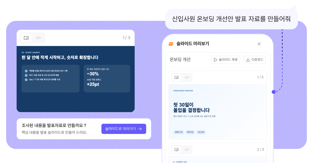 AI 슬라이드가 발표 자료를 만들고 미리보기를 띄운 화면
