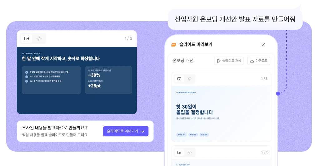 AI 슬라이드가 발표 자료를 만들고 미리보기를 띄운 화면